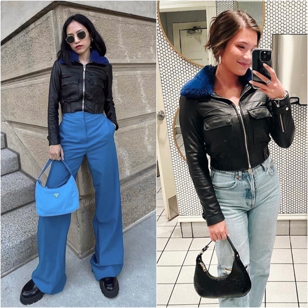 VEDA Lamb Leather Faux Fur Collar Cropped Y2K Penny Lane Biker Bomber Jacket L‎ - Picture 3 of 13
